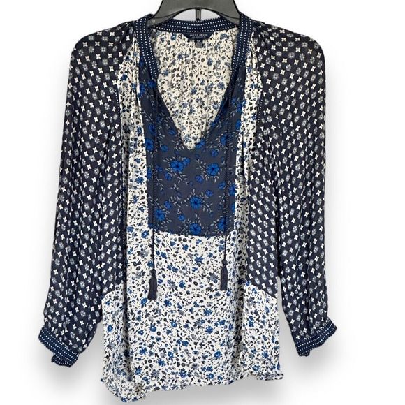 Lucky Brand Top Women’s Sz Small Border Print Peasant Blouse Blue White - Picture 1 of 9
